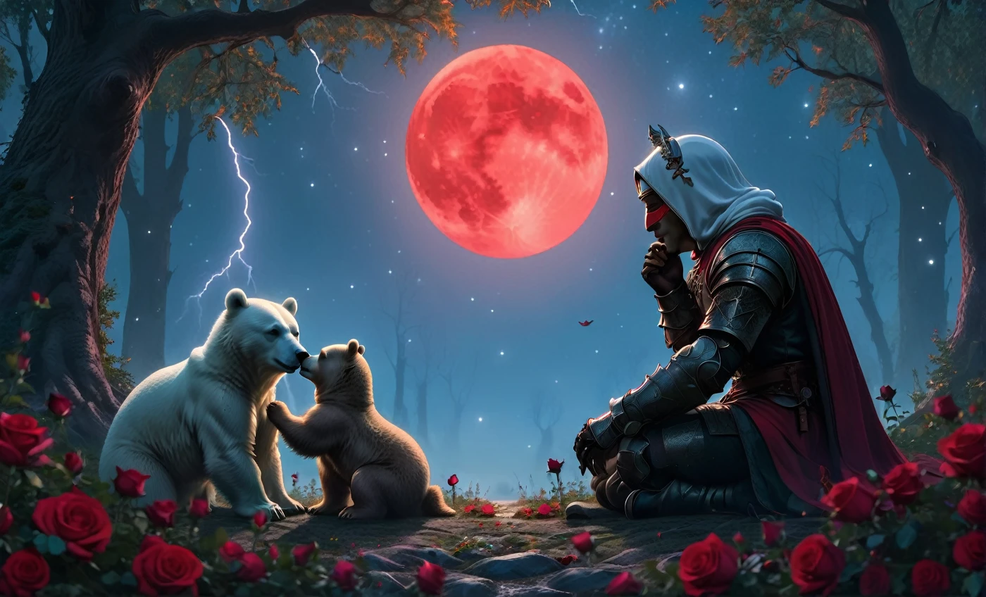 Male knight with a white hood with white bear ears and a sword behind his back sits cross-legged on the ground towards a baby polar bear and a baby brown bear in a forest while the moon shines, many Roses cover the ground and lightning falls from the sky. The baby polar bear plays with the baby brown bear while the knight enjoys watching them. Only the man wears a red blindfold. In the background of the picture is the blood moon and a tree has fallen down in the path. The forest is full of trees with leaves. The armor of the man is black and red roses decorate it. The sky is full of stars. The knight is thoughtfully touching his face.