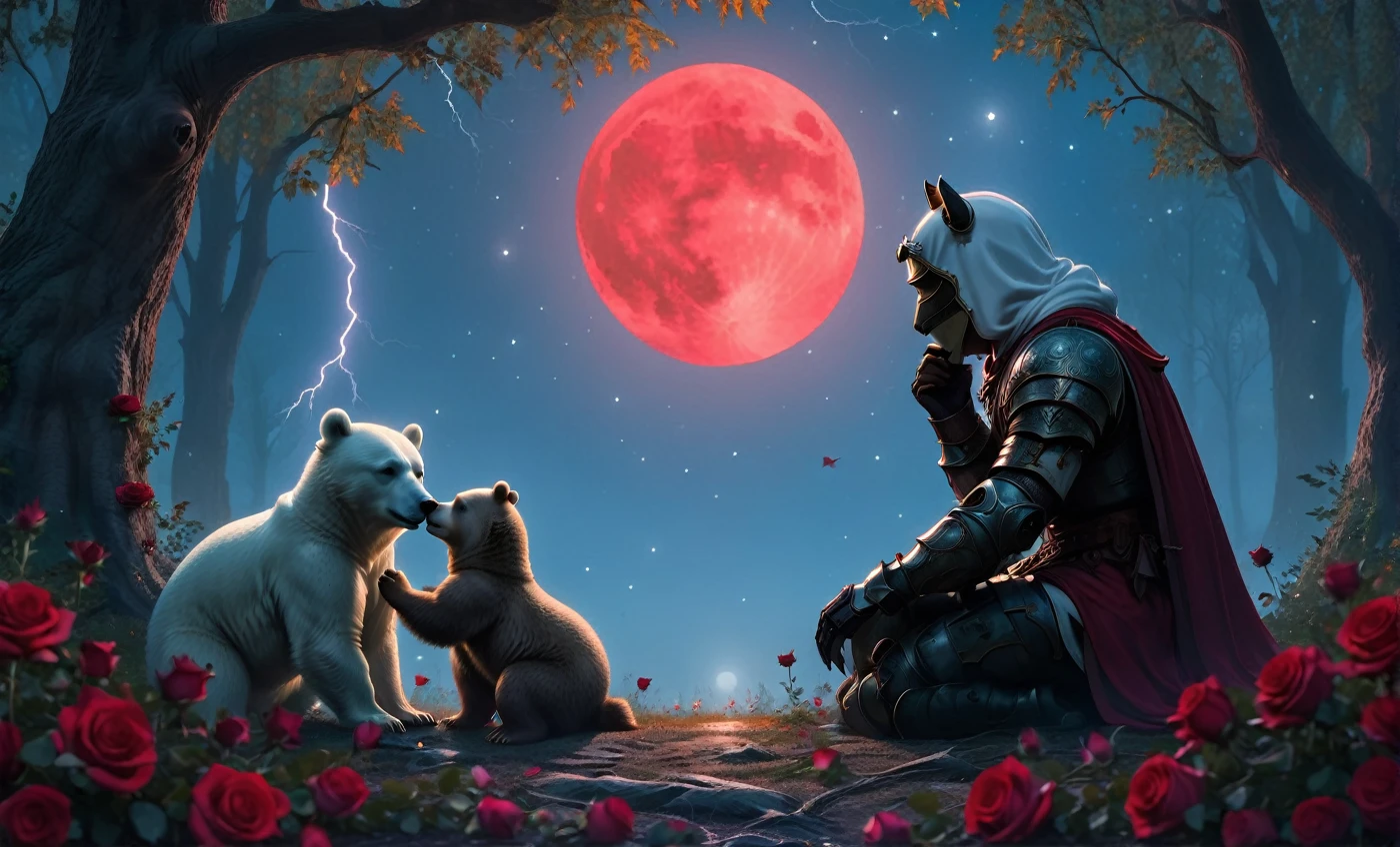 Male knight with a white hood with white bear ears and a sword behind his back sits cross-legged on the ground towards a baby polar bear and a baby brown bear in a forest while the moon shines, many Roses cover the ground and lightning falls from the sky. The baby polar bear plays with the baby brown bear while the knight enjoys watching them. Only the man wears a red blindfold. In the background of the picture is the blood moon and a tree has fallen down in the path. The forest is full of trees with leaves. The armor of the man is black and red roses decorate it. The sky is full of stars. The knight is thoughtfully touching his face.