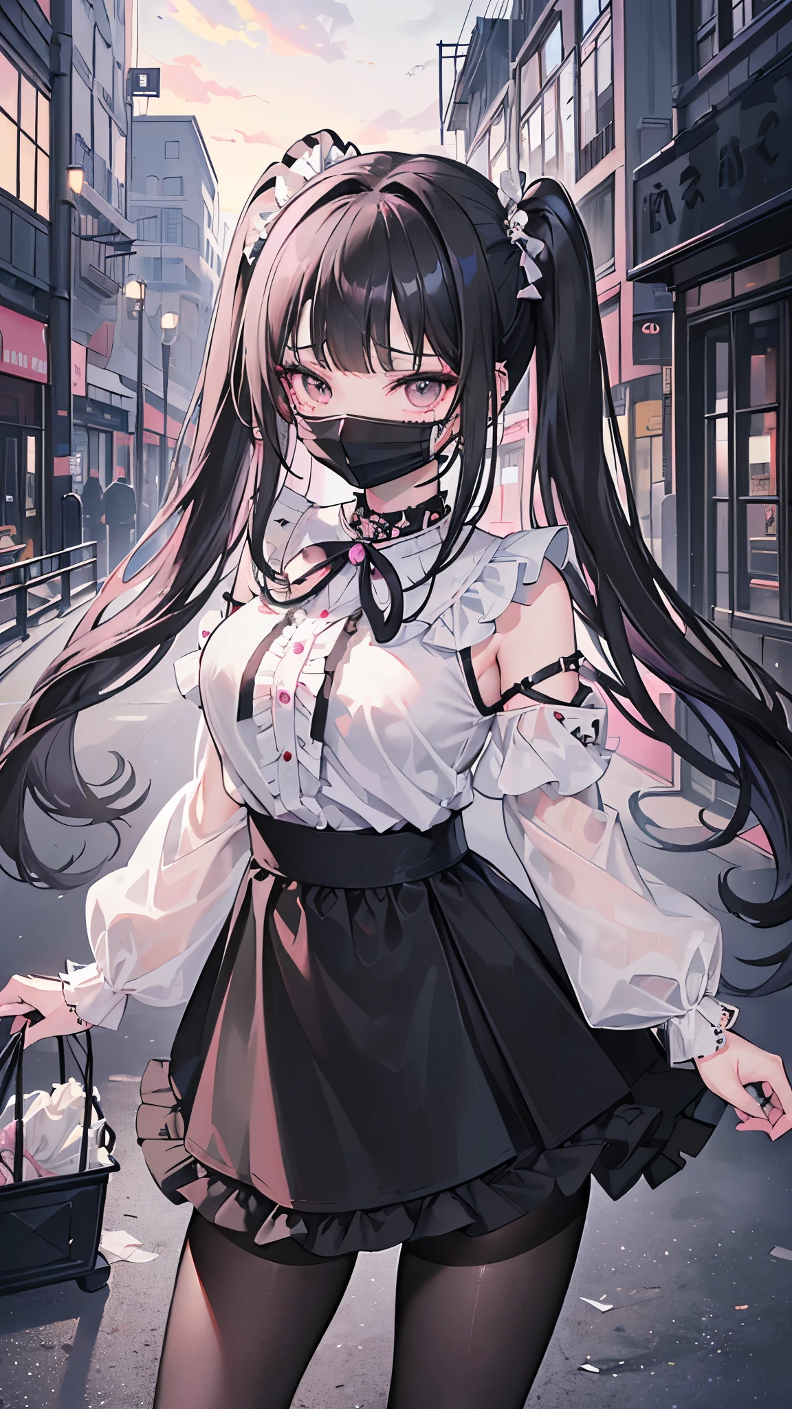 ((masterpiece、Highest quality、Very detailed))、One girl、Black Hair、Long Hair、twintails、blunt bangs、Grey Eyes、((Black surgical mask))、((lots of piercing))、Moderate breasts、((Pink ruffled blouse))、Black Ribbon、Off the shoulder、((Black ruffled skirt))、((miniskirt))、((black pantyhose))、Cowboy Shot、((night))、Downtown background