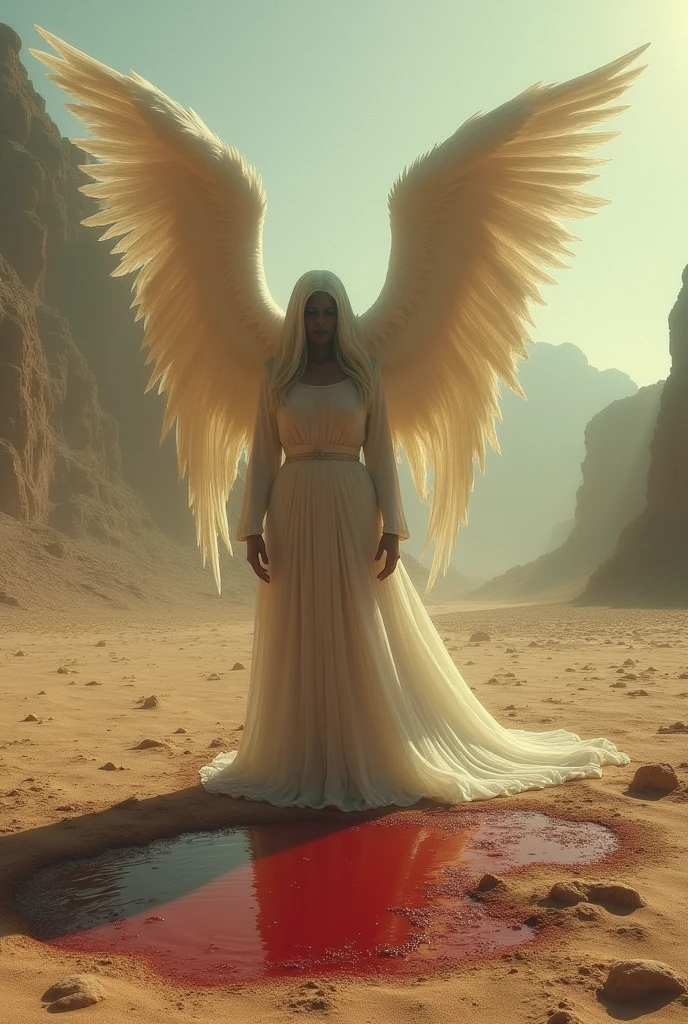 An angel in a desert under a tree drinks blood. next to the angel a monkey in a black suit sits on a white horse. 

Skulls hang on the branches of the tree The sky is covered with grey clouds and some sunbeams come out. 

An old man with a long grey beard has bloody tears in his eyes 