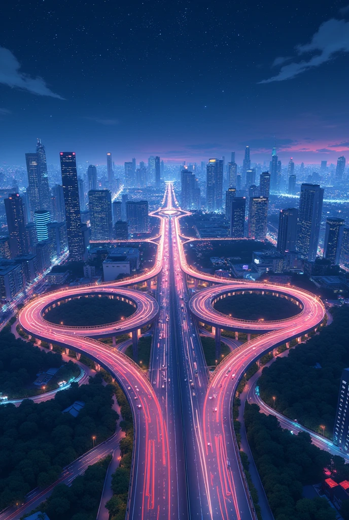 ((Highly detailed anime art)),Cloverleaf junction on expressway,Night view,Metropolis,Starry Sky,Overlooking,Streaks of light created by multiple cars,((masterpiece, Highest quality, Extremely detailed CG, unity 8k wallpaper )),(masterpiece, Highest quality, Highest quality, Official Art, beautiful),Very vivid,High-precision images,Ultra-high resolution,Great art,Poster Art,Impressive photos,Impressive art,beautiful顔,Perfect Face