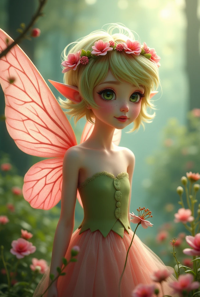 (photorealism:1.2), beautiful woman, With an angelic and innocent face, she is a beautiful fairy with large pink wings., Her lips and cheeks are rosy, His green eyes, She wears a short dress with pink and green colors, Her ears are pointed and she has a flower crown., She is a flower fairy , His hair is short on men blonde with green and pink tones,  the background with flowers, magic and so on style realism dark fantasy 