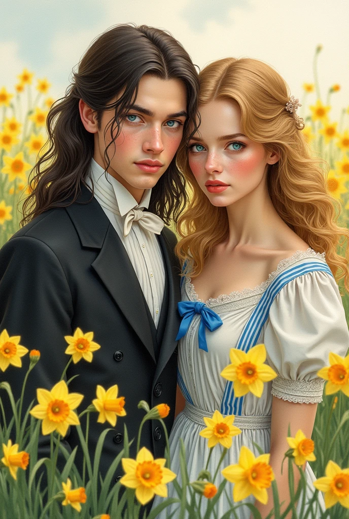Alain Delon handsome boy with long straight brown black hair and sapphire blue eyes , natural light, Dynamics Conceptual art, Smooth and crisp, Illustration Focus, , and porcelain skin with a black trouser suit, white shirt with a black vest, there is also a woman with long curly yellow blonde hair, green eyes with freckles, wearing a white dress with blue stripes and a bow on her neck with clinoline in a field of daffodils in the period of 1914, watercolor