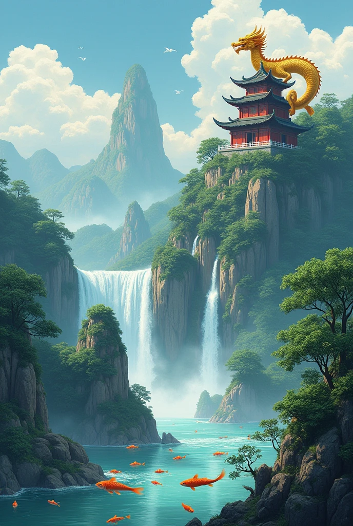 The Yellow River (he bo) with carp fish, una montaña con una cascada y uno de estos ⛩️ en la cima con un dragón dorado asomandose en estilo arte chino