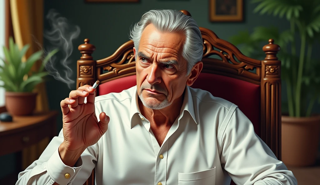 The elderly man has a stern, intense expression, with furrowed brows and a focused gaze. His eyes are directed forward, likely engaged in a serious or contemplative conversation.
He is wearing a white shirt, and his hair is neatly combed back. A light puff of smoke emanates from the cigarette he holds in his right hand, indicating he has just taken a drag.
His demeanor suggests a sense of authority or power, possibly someone who is used to being in control. The chair he is sitting in has an intricate wooden design, featuring ornate carvings that add a traditional or luxurious touch to the setting.
There are potted plants in the blurred background, hinting at a well-decorated indoor space with some natural elements. Realistic, intricate details, vibrant colours.