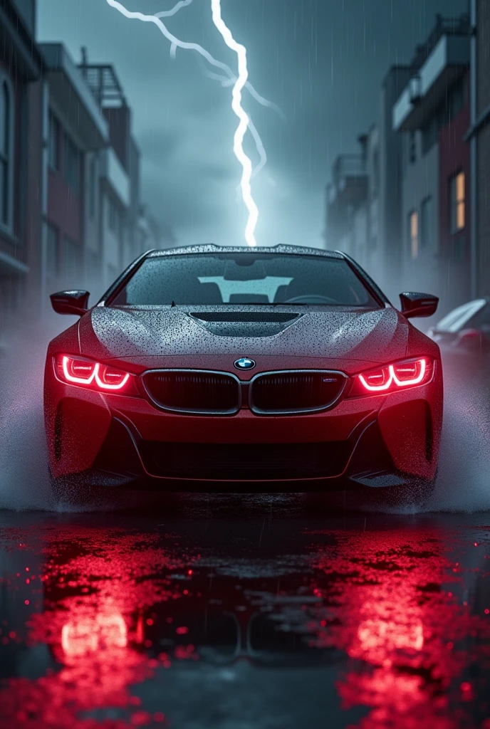 Generate an image of a bmw with red colored headlights in thunderstorms and make the image more aesthetic and scarring
