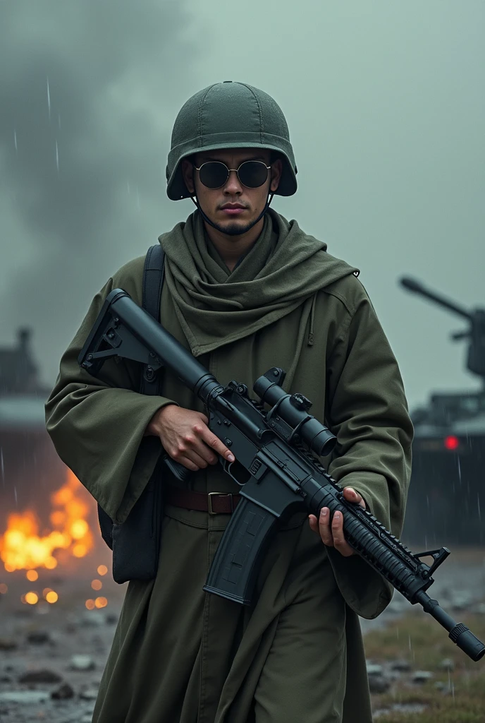 Boy Monk in airforce uniform, helmet, sunglasses, big gun, tank and steering fighter jet, dark rainy, fire background