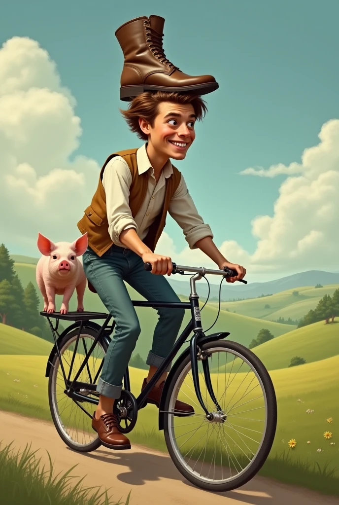 Create an image in which a man take a shoes on his head and riding bike and at the back seat stand a small pig (side view)