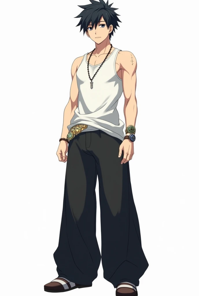 A male character from the anime "tensei shitara slime datta ken", with black hair, white tank top and black wide pants. Full-body image. white background image. he likes fossils and accessories