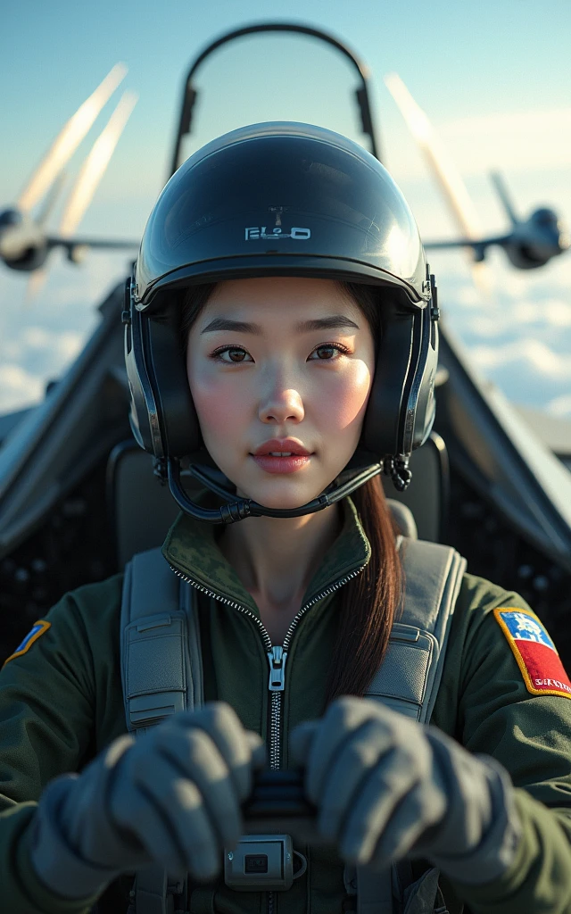 Ultra-high resolution，High-resolution details，Photo real, , (1 Korean female pilot，Super beautiful，Super white skin，Super white face), (Wearing pilot camouflage uniform，Wearing a pilot helmet), Military fighter，Female fighter pilot，Sitting in the cockpit of an airplane，Planes soar in the sky，（Showing the appearance of a fighter jet）J-20 fighter，Launching missiles，Hit the target aircraft，Big scene，Grand scene，Thrilling，panorama distant view，Wide-angle lens