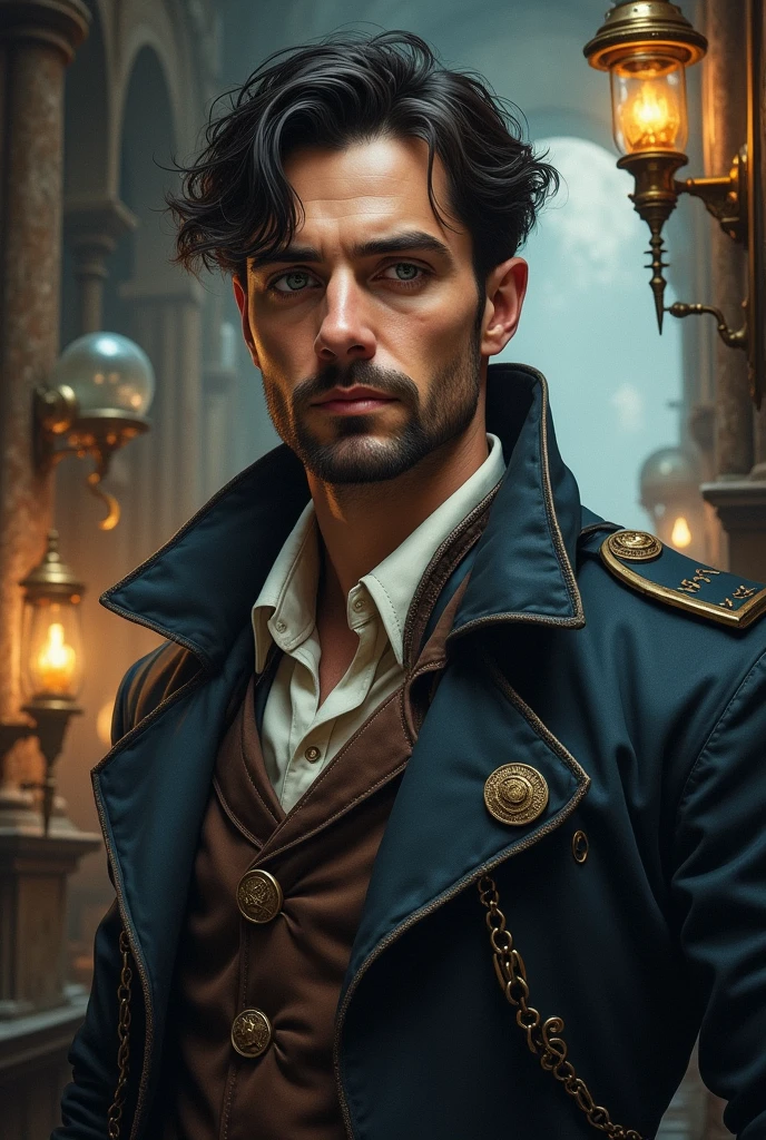 30 years old man with dark hair, with gray eyes, with goatee, medieval scientist, fantasy, by Greg Rutkowski, by Peter Jackson