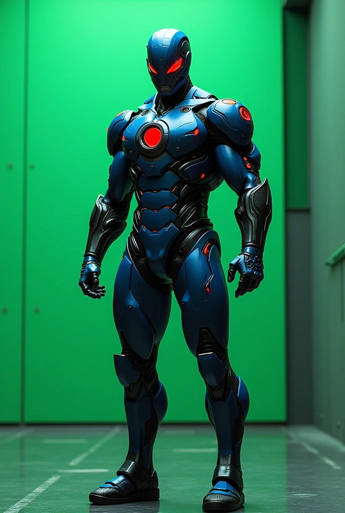 Create a realistic image of the Marvel cyborg(black and blue armor, left eye cyborg red circular, part of the head alsocyborg), de corpo inteiro, put a green wall in the background