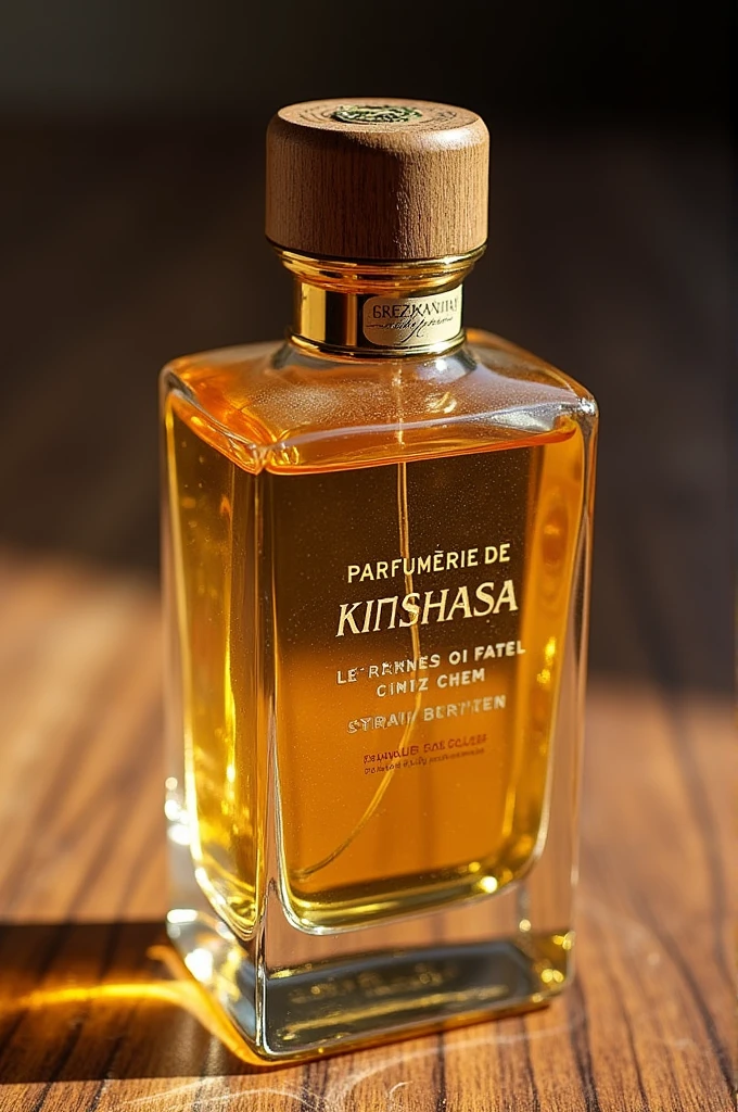 PARFUMERIE DE KINSHASA écrit sur un flacon de parfum