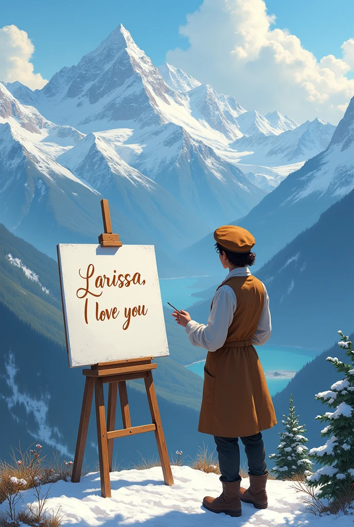 Make an image of a painter on top of a mountain painting a picture that should be written on the board Larissa I love you