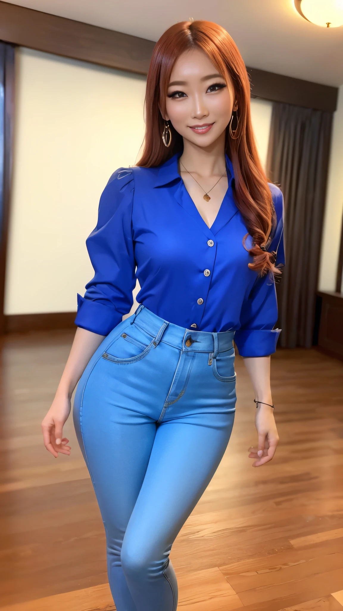 (best quality,4k,8k,highres,masterpiece:1.2),ultra-detailed, 1woman, Japanese woman, gyaru, AIKA, five foot five inches tall, ginger colored hair, mole by her left eye, blue button up blouse, maroon jeans, wide hips, dancing around mid-western suburban american house, seductive pose, smiling lustfully, looking at viewer lovingly, ((intricate detail)),(((realism))), HDR, 8k, absurdres, cinestill 800, sharp focus, add_detail:2, (solo, woman)
