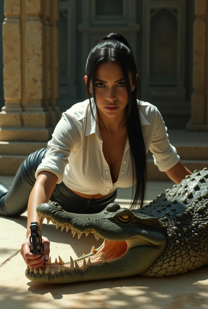 Kim Kardashian with long straight black hair in a ponytail in a white shirt with buttons with sleeves and not belly-free, generous cleavage,in very tight black leather pants , she crawls on the floor and desperately tries to grab a gun that is lying in front of her, behind her is an aggressive crocodile with an open mouth and sharp teeth jumping at her, in a temple
