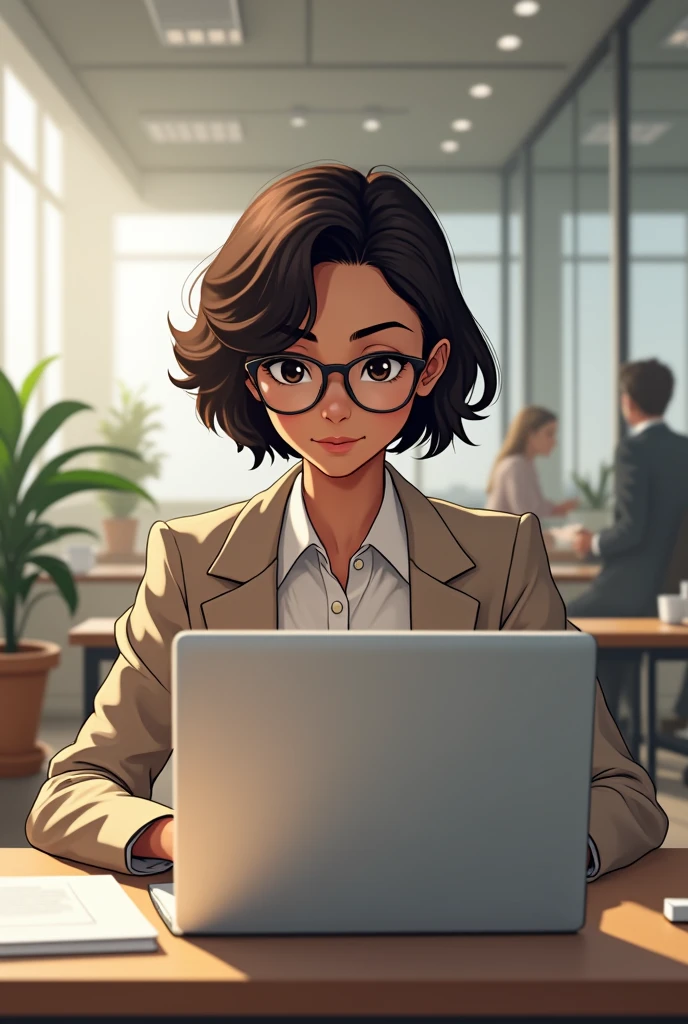 An 1 girl, short hair, with a laptop open, working in an office, she have short hairs, brown skin tone, wearing professional but pretty clothes which are not short, using round spectacles,