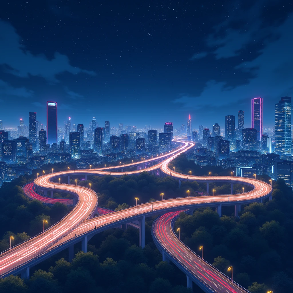 ((Highly detailed anime art)),Cloverleaf junction on expressway,Night view,Metropolis,Starry Sky,Overlooking,Streaks of light created by multiple cars,((masterpiece, Highest quality, Extremely detailed CG, unity 8k wallpaper )),(masterpiece, Highest quality, Highest quality, Official Art, beautiful),Very vivid,High-precision images,Ultra-high resolution,Great art,Poster Art,Impressive photos,Impressive art,beautiful顔,Perfect Face