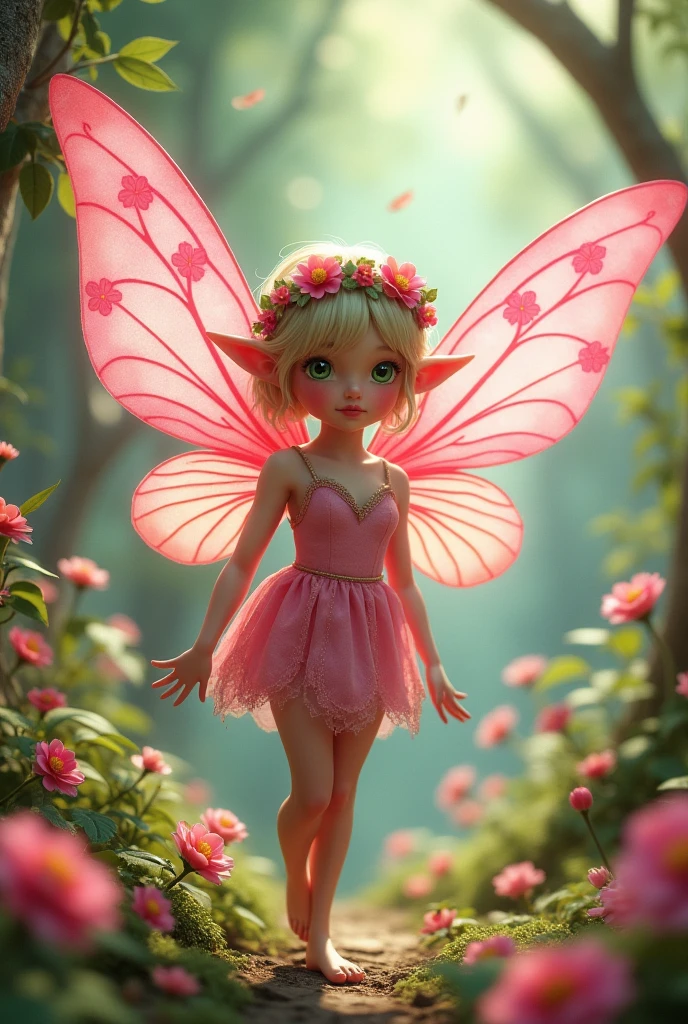 (photorealism:1.2), beautiful woman, With an angelic and innocent face, she is a beautiful fairy with large pink wings., Her lips and cheeks are rosy, His green eyes, She wears a short dress with pink and green colors, Her ears are pointed and she has a flower crown., She is a flower fairy , His hair is short on men blonde with green and pink tones, the background with flowers, magic and so on realism style