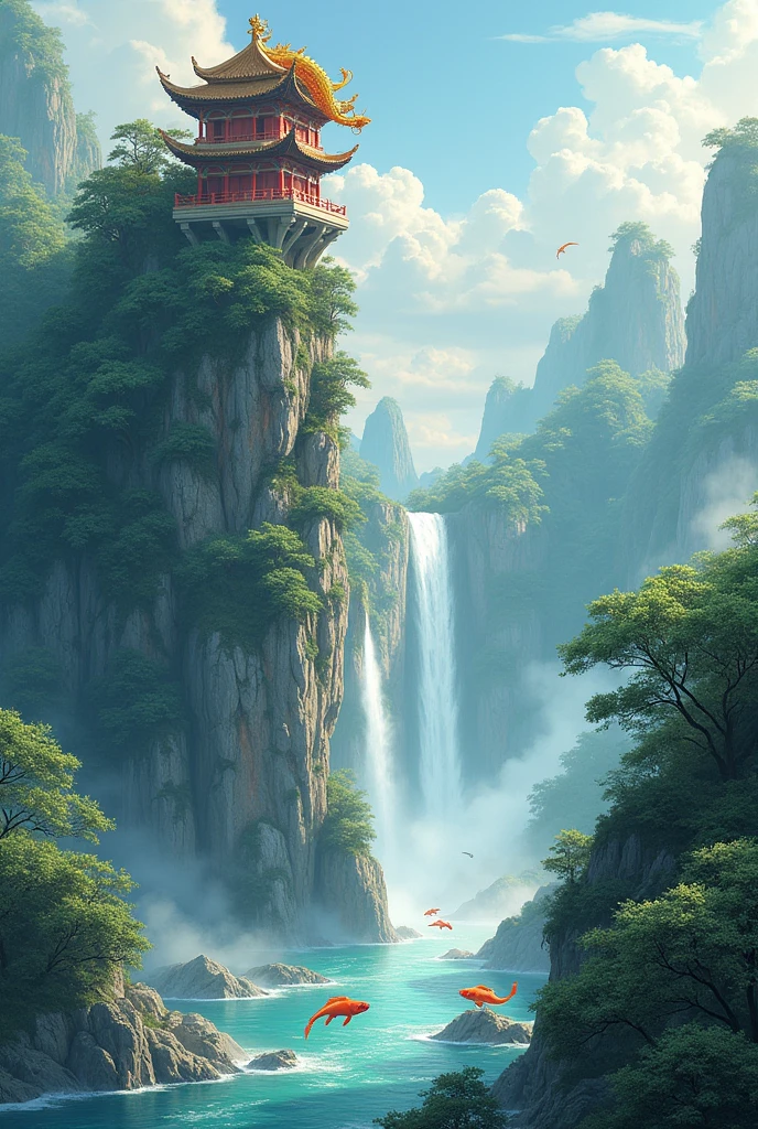 The Yellow River (he bo) with carp fish, una montaña con una cascada y uno de estos ⛩️ en la cima con un dragón dorado asomandose en estilo arte chino