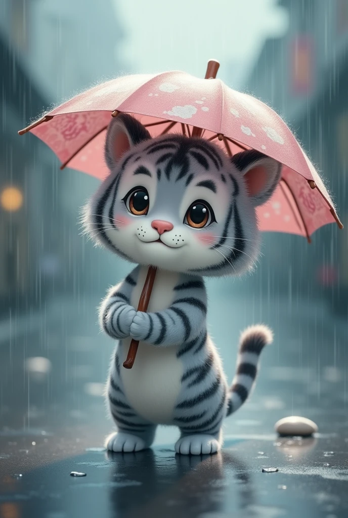 a pure gray tiger,Holding an umbrella in the heavy rain,cute style,Background rainy day,Chinese style,Realistic and cute