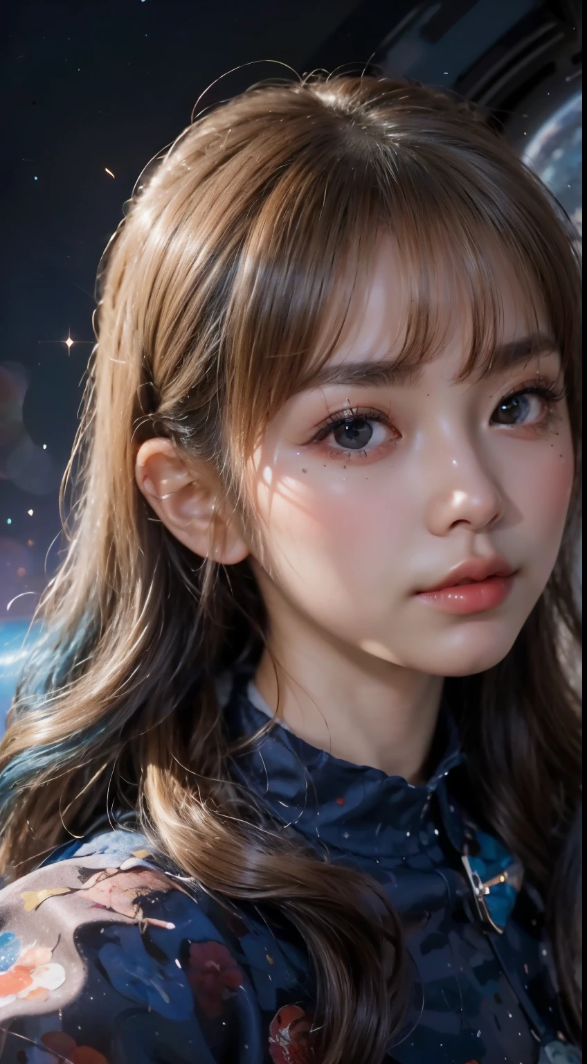 best quality, detailed, 4K, RAW photos, table top, detailed face,, star, planet, Galaxy, gap,, Photo of Enisemar flying through space, blue hair, forehead, long hair, looking at viewer,