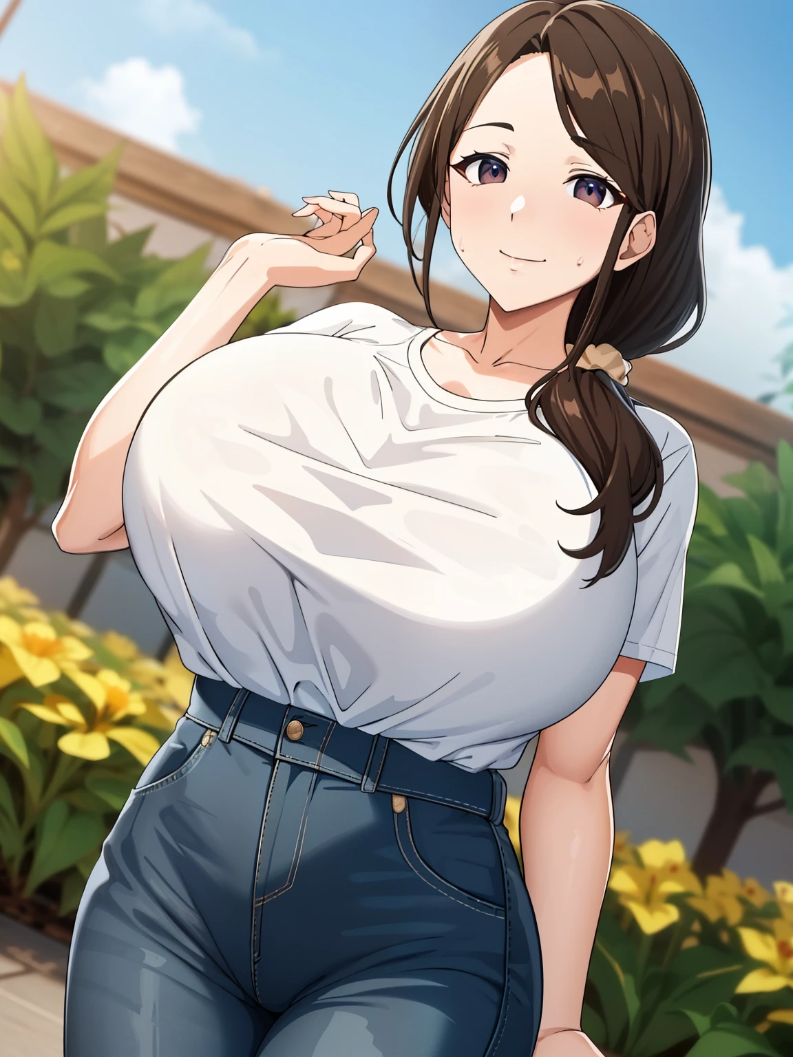 (超High resolution,4K,Very detailed, photograph, 8k, High resolution, High resolution, Absurd:1.2),40-year-old Japanese woman,expensive,Long black hair,Beautiful character design,Beautifully detailed eye depiction,Perfect Face,Expressive eyes,Brown eyes,A smile while doing something lewd,T-Shirts,Blue denim pants,(Huge breasts:1.2),Tight waist,In the garden,Daytime