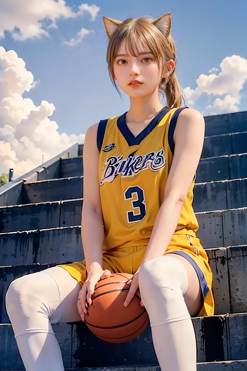 Masterpiece, 4K, bokeh, (Perfect body:1.4), (basketball uniform:1.5), (Bright Blonde hair:1.5), (ponytail:1.2),(Blushed face:1.3), (Plump breast:1.2), (Sitting in stairway of train station:1.2), (Cat ears:1.3),(From below:1.5),(Sundown :1.2), (Orange beautiful sky and clouds:1.2)