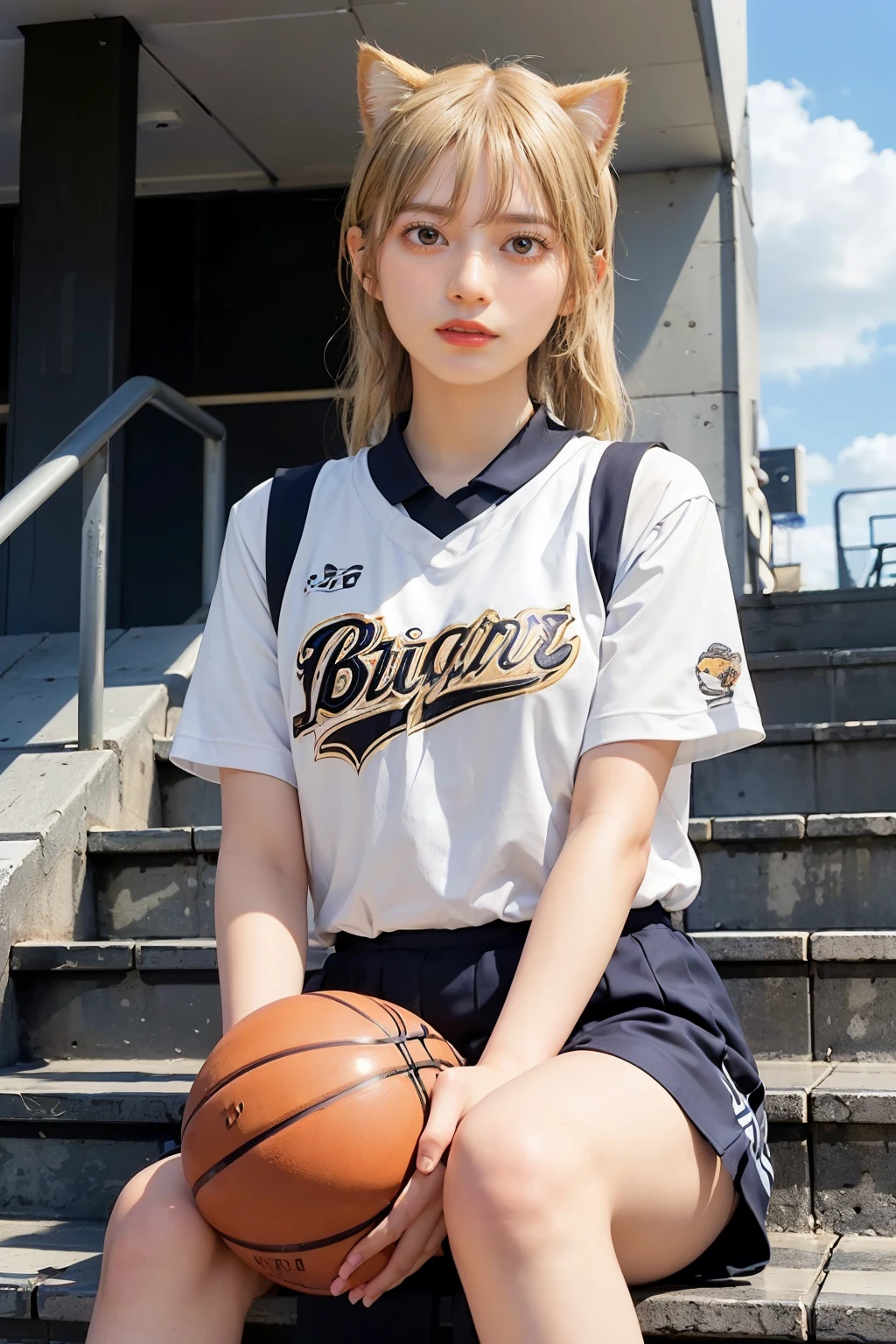 Masterpiece, 4K, bokeh, (Perfect body:1.4), (basketball uniform:1.5), (Bright Blonde hair:1.5), (ponytail:1.2),(Blushed face:1.3), (Plump breast:1.2), (Sitting in stairway of train station:1.2), (Cat ears:1.3),(From below:1.5),(Sundown :1.2), (Orange beautiful sky and clouds:1.2)