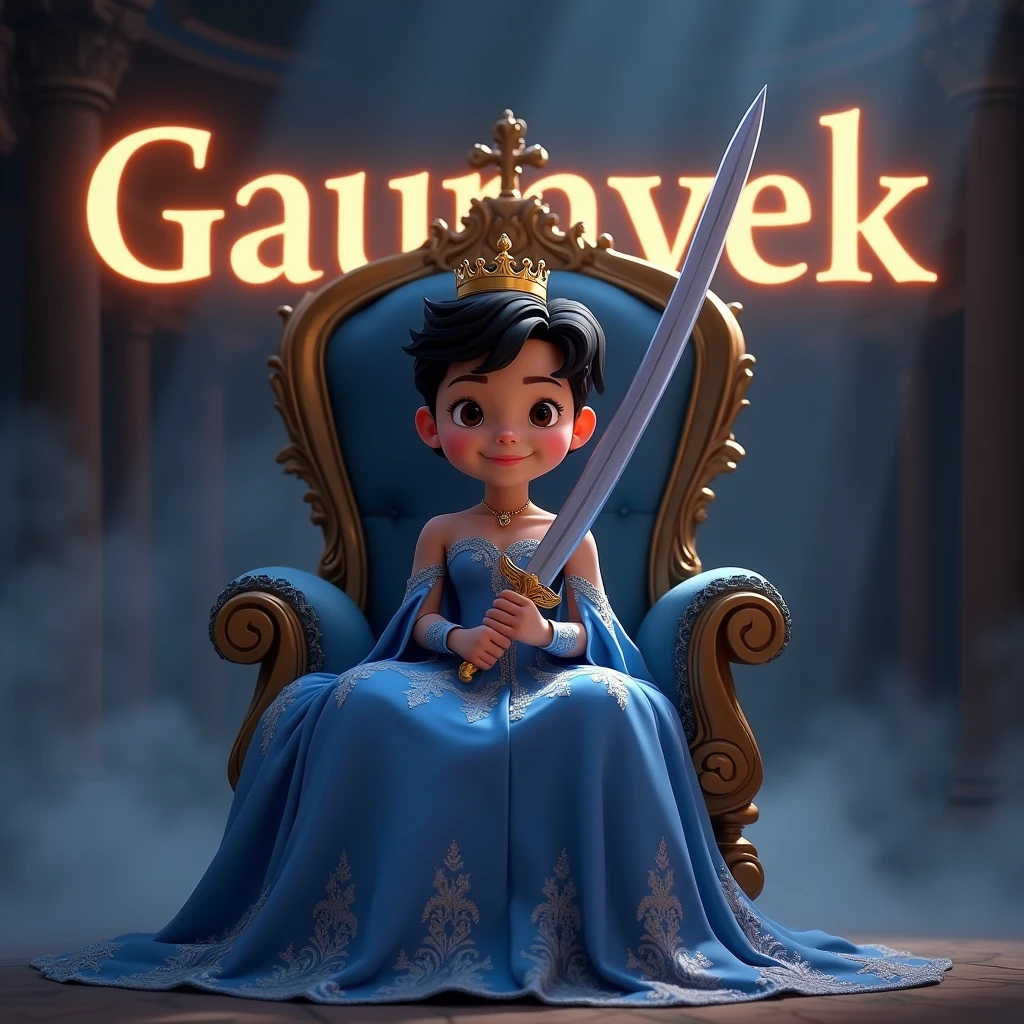 Create a disney prince animated avtar full body image where a boy wearing blue luxury princess dress and sitting on king size chair with crown 👑, he's holding a sword in his hand, there is smoke in background a shadow. Make her name visible and clear In background the name "GauravEk" bold and glowing, showing in bold reflection in shadows