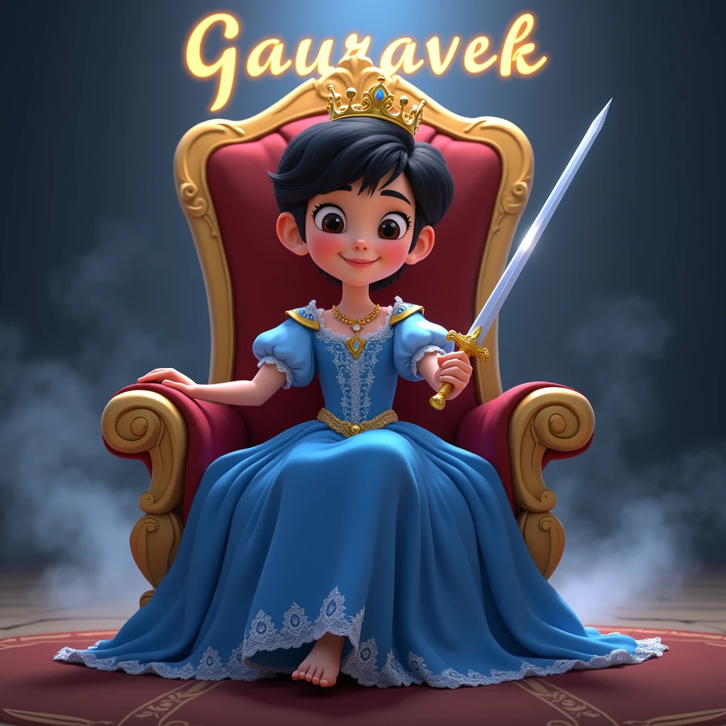 Create a disney prince animated avtar full body image where a boy wearing blue luxury princess dress and sitting on king size chair with crown 👑, he's holding a sword in his hand, there is smoke in background a shadow. Make her name visible and clear In background the name "GauravEk" bold and glowing, showing in bold reflection in shadows