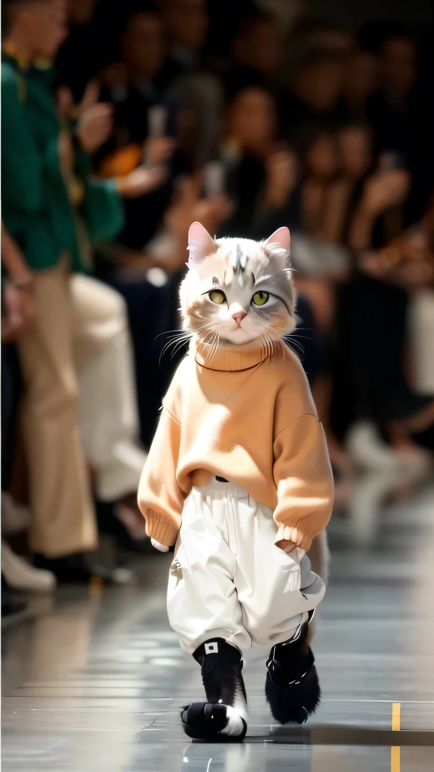 Giraffe cat in a sweater and pants walks on the catwalk, 2020 fashion, catwalk, Cat walking, Very stylish, crazy fashion catwalk, walking down the catwalk, Fashion Week, Meow, An anthropomorphic cat, Very stylish, fursona wearing fashionable clothes, fashion model, Cat design, cute cat, a cute cat, frown fashion model