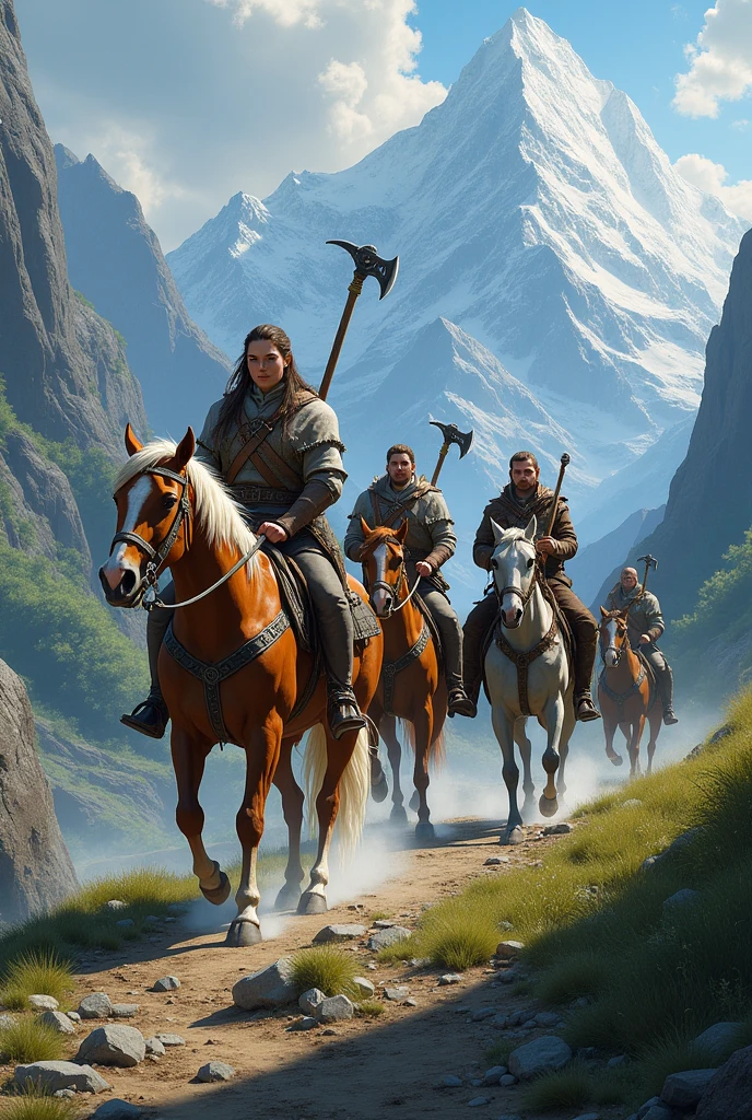 In a mountainous landscape, il y a deux femmes et deux hommes à cheval. The two women are archers and the two men carry axes..