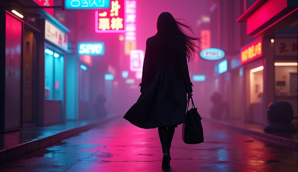 (masterpiece, best quality:1.2), (dark environment, vibrant neon lights:1.3), (woman walking towards light, silhouette glowing with colors:1.3), (straight long hair, black or dark brown:1.2), (hair lightly swaying, reflecting neon lights:1.2), (long coat, black or dark gray:1.3), (knee-length coat, dramatic movement:1.2), (black slim pants:1.1), (heeled boots, black or dark brown:1.2), (large bag, held in one hand:1.2), (minimal jewelry, subtle earrings:1.1), (neon glow, colorful lighting:1.3), (8K, ultra-detailed, hyper-detailed, RAW photo quality, Unreal Engine rendering:1.3)
