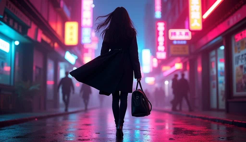 (masterpiece, best quality:1.2), (dark environment, vibrant neon lights:1.3), (woman walking towards light, silhouette glowing with colors:1.3), (straight long hair, black or dark brown:1.2), (hair lightly swaying, reflecting neon lights:1.2), (long coat, black or dark gray:1.3), (knee-length coat, dramatic movement:1.2), (black slim pants:1.1), (heeled boots, black or dark brown:1.2), (large bag, held in one hand:1.2), (minimal jewelry, subtle earrings:1.1), (neon glow, colorful lighting:1.3), (8K, ultra-detailed, hyper-detailed, RAW photo quality, Unreal Engine rendering:1.3)