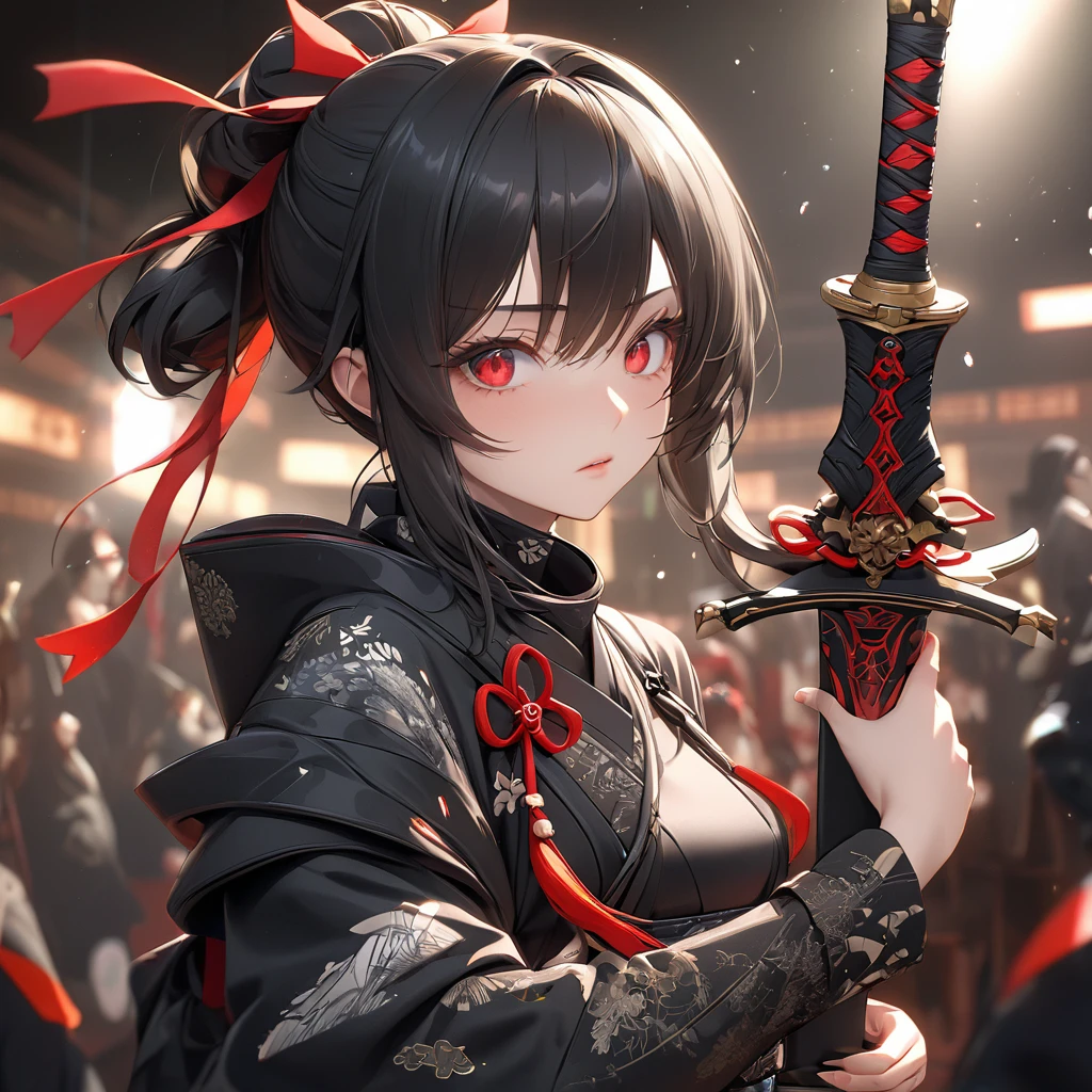 最high quality, wonderful_delicate, wonderful delicate eyes, Super detailed, beautiful, 8k , One girl, Red eyes, evil, Facial Contour,(Absurd, High resolution, Super detailed), masterpiece, The perfect solution, wonderfulディテール, Super Detailed, Cinema Lighting, Ray Tracing, Depth of written boundary, Cinema Lighting, Ray Tracing, 超High resolution, Attention to detail, 最high quality, High resolution, high quality, Awards, Super Detail, masterpiece, 8k, 超High resolution, Attention to detail, 最high quality, High resolution, high quality, Awards, Super Detail, masterpiece, 8k, Digital Art, Anime Coloring,"wearing a modern ninja costume with meticulous detail., Attention to detail近代的な忍者衣装を着て、Create an illustration of a futuristic female ninja with black hair,. She has long black hair tied with a red ribbon and symbols.。She must be wearing a luxurious black outfit with red accents that feature characters.。. She has a sword with intricate designs on the hilt and scabbard.. The story is set in the Edo period.
