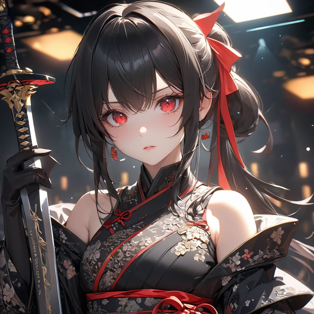 最high quality, wonderful_delicate, wonderful delicate eyes, Super detailed, beautiful, 8k , One girl, Red eyes, evil, Facial Contour,(Absurd, High resolution, Super detailed), masterpiece, The perfect solution, wonderfulディテール, Super Detailed, Cinema Lighting, Ray Tracing, Depth of written boundary, Cinema Lighting, Ray Tracing, 超High resolution, Attention to detail, 最high quality, High resolution, high quality, Awards, Super Detail, masterpiece, 8k, 超High resolution, Attention to detail, 最high quality, High resolution, high quality, Awards, Super Detail, masterpiece, 8k, Digital Art, Anime Coloring,"wearing a modern ninja costume with meticulous detail., Attention to detail近代的な忍者衣装を着て、Create an illustration of a futuristic female ninja with black hair,. She has long black hair tied with a red ribbon and symbols.。She must be wearing a luxurious black outfit with red accents that feature characters.。. She has a sword with intricate designs on the hilt and scabbard.. The story is set in the Edo period.