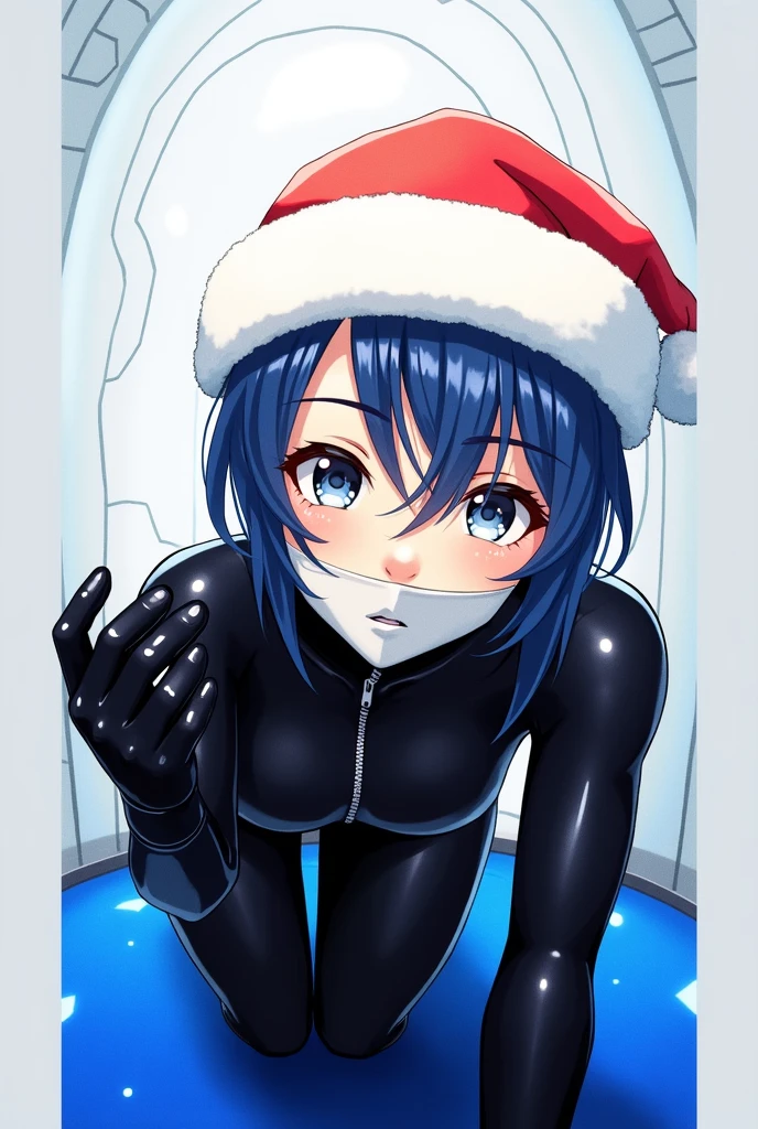 1girl, anime, blue hair, latex suit, standing, cute face, santa hat, kigurumi mask, on all fours, hands pointing, shiny, sweat, glossiness, metallic sheen, best quality, 4k, 8k, highres, masterpiece:1.2, ultra-detailed, realistic, photorealistic:1.37, HDR, UHD, studio lighting, ultra-fine painting, sharp focus, physically-based rendering, extreme detail description, professional, vivid colors, bokeh,naked,nipples,pussy