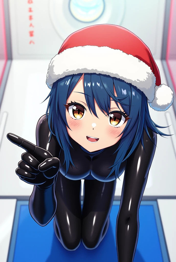 1girl, anime, blue hair, latex suit, standing, cute face, santa hat, kigurumi mask, on all fours, hands pointing, shiny, sweat, glossiness, metallic sheen, best quality, 4k, 8k, highres, masterpiece:1.2, ultra-detailed, realistic, photorealistic:1.37, HDR, UHD, studio lighting, ultra-fine painting, sharp focus, physically-based rendering, extreme detail description, professional, vivid colors, bokeh,naked,nipples,pussy