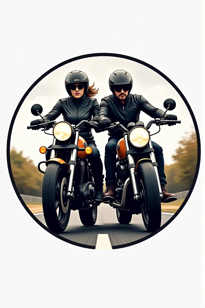 a round logo of a female motorcyclist and her father on their two motorcycles traveling , that says THE PAZMI ON THE ROAD