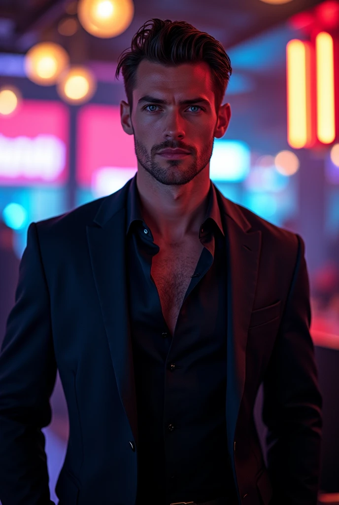 A man, 2, handsome and athletic, DARK hair, White skin, blue eyes, Dress elegantly, Behind him you can see the lights of a nightclub, photo the