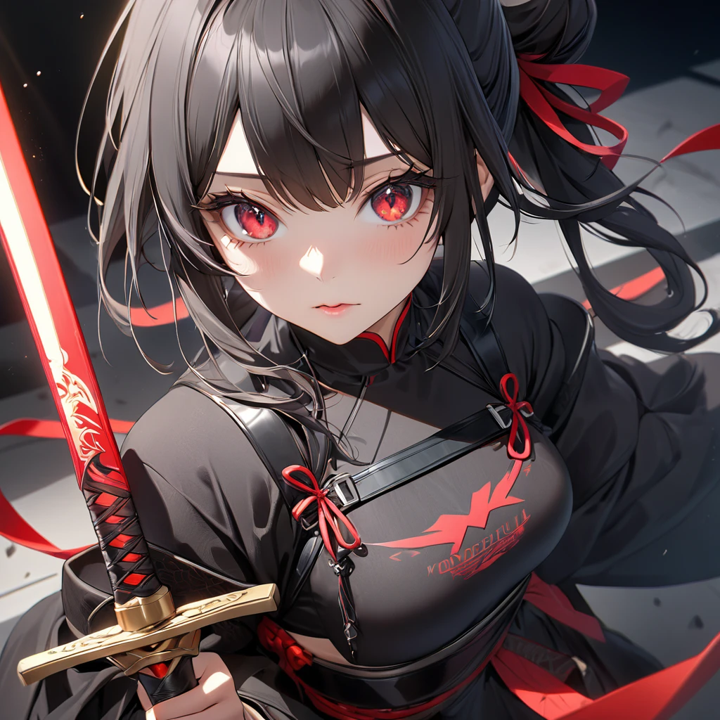 最high quality, wonderful_delicate, wonderful delicate eyes, Super detailed, beautiful, 8k , One girl, Red eyes, evil, Facial Contour,(Absurd, High resolution, Super detailed), masterpiece, The perfect solution, wonderfulディテール, Super Detailed, Cinema Lighting, Ray Tracing, Depth of written boundary, Cinema Lighting, Ray Tracing, 超High resolution, Attention to detail, 最high quality, High resolution, high quality, Awards, Super Detail, masterpiece, 8k, 超High resolution, Attention to detail, 最high quality, High resolution, high quality, Awards, Super Detail, masterpiece, 8k, Digital Art, Anime Coloring,"wearing a modern ninja costume with meticulous detail., Attention to detail近代的な忍者衣装を着て、Create an illustration of a futuristic female ninja with black hair,. She has long black hair tied with a red ribbon and symbols.。She must be wearing a luxurious black outfit with red accents that feature characters.。. She has a sword with intricate designs on the hilt and scabbard.. The story is set in the Edo period.