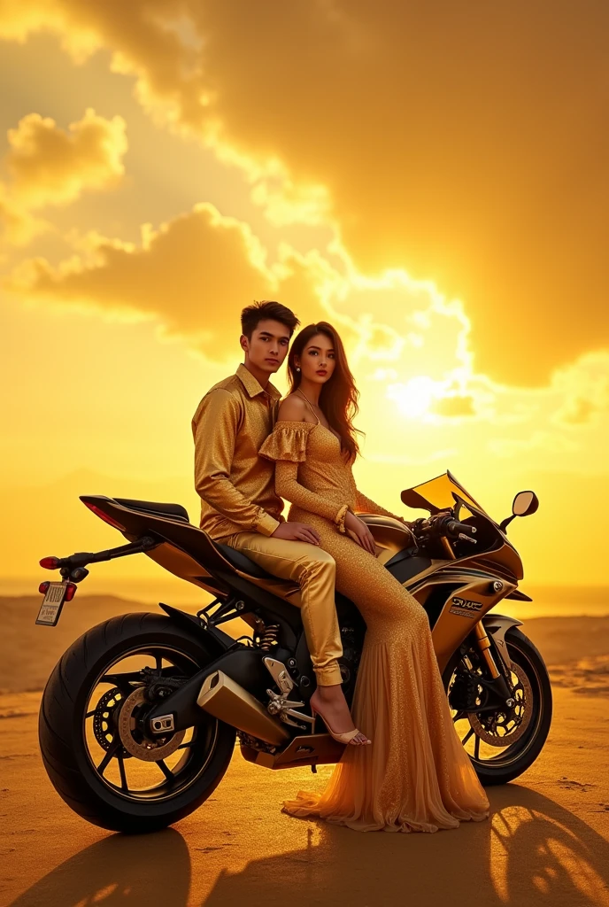 25 years boy wearing golden shirt and full pant 25 years girl wearing golden shirt and golden frock with siting in kawasaki ninja h2r bike with golden sky