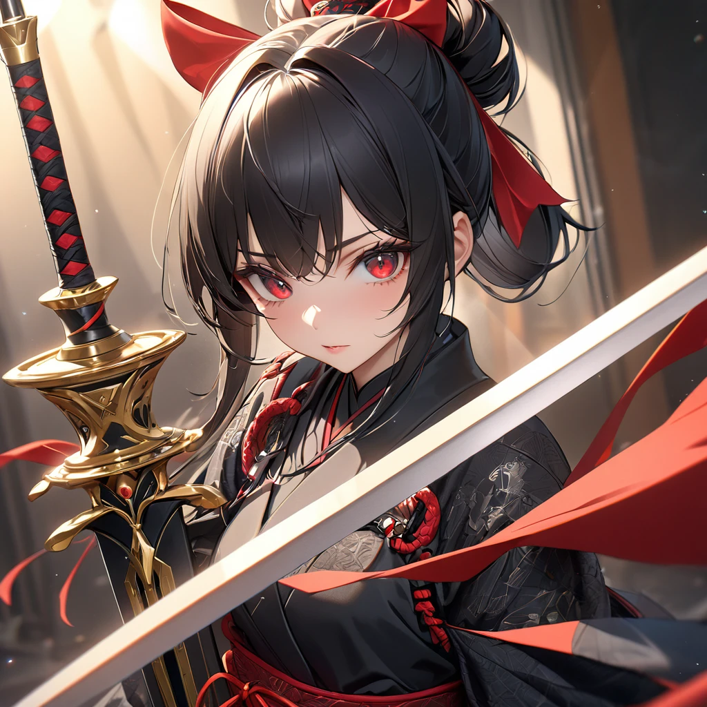 最high quality, wonderful_delicate, wonderful delicate eyes, Super detailed, beautiful, 8k , One girl, Red eyes, evil, Facial Contour,(Absurd, High resolution, Super detailed), masterpiece, The perfect solution, wonderfulディテール, Super Detailed, Cinema Lighting, Ray Tracing, Depth of written boundary, Cinema Lighting, Ray Tracing, 超High resolution, Attention to detail, 最high quality, High resolution, high quality, Awards, Super Detail, masterpiece, 8k, 超High resolution, Attention to detail, 最high quality, High resolution, high quality, Awards, Super Detail, masterpiece, 8k, Digital Art, Anime Coloring,"wearing a modern ninja costume with meticulous detail., Attention to detail近代的な忍者衣装を着て、Create an illustration of a futuristic female ninja with black hair,. She has long black hair tied with a red ribbon and symbols.。She must be wearing a luxurious black outfit with red accents that feature characters.。. She has a sword with intricate designs on the hilt and scabbard.. The story is set in the Edo period.