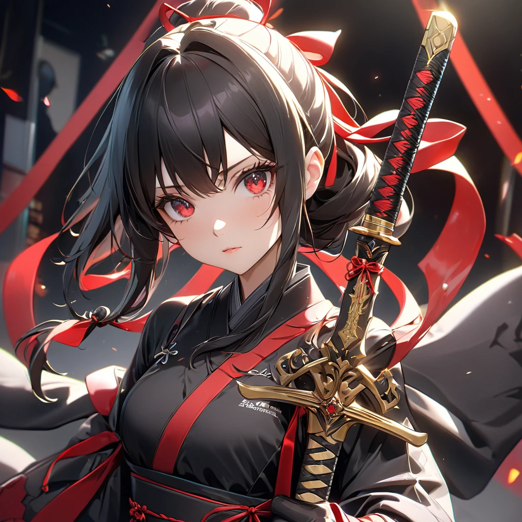 最high quality, wonderful_delicate, wonderful delicate eyes, Super detailed, beautiful, 8k , One girl, Red eyes, evil, Facial Contour,(Absurd, High resolution, Super detailed), masterpiece, The perfect solution, wonderfulディテール, Super Detailed, Cinema Lighting, Ray Tracing, Depth of written boundary, Cinema Lighting, Ray Tracing, 超High resolution, Attention to detail, 最high quality, High resolution, high quality, Awards, Super Detail, masterpiece, 8k, 超High resolution, Attention to detail, 最high quality, High resolution, high quality, Awards, Super Detail, masterpiece, 8k, Digital Art, Anime Coloring,"wearing a modern ninja costume with meticulous detail., Attention to detail近代的な忍者衣装を着て、Create an illustration of a futuristic female ninja with black hair,. She has long black hair tied with a red ribbon and symbols.。She must be wearing a luxurious black outfit with red accents that feature characters.。. She has a sword with intricate designs on the hilt and scabbard.. The story is set in the Edo period.