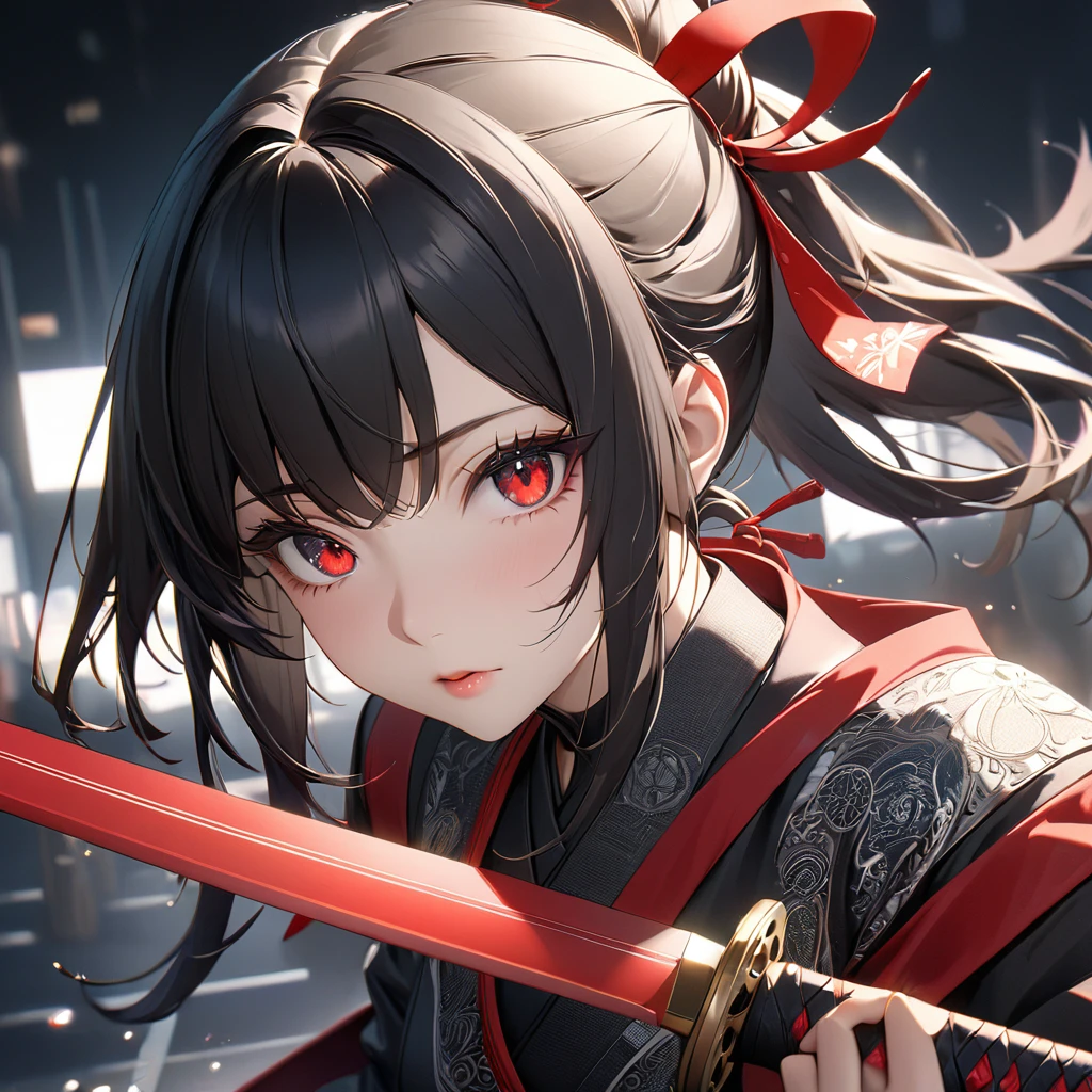 最high quality, wonderful_delicate, wonderful delicate eyes, Super detailed, beautiful, 8k , One girl, Red eyes, evil, Facial Contour,(Absurd, High resolution, Super detailed), masterpiece, The perfect solution, wonderfulディテール, Super Detailed, Cinema Lighting, Ray Tracing, Depth of written boundary, Cinema Lighting, Ray Tracing, 超High resolution, Attention to detail, 最high quality, High resolution, high quality, Awards, Super Detail, masterpiece, 8k, 超High resolution, Attention to detail, 最high quality, High resolution, high quality, Awards, Super Detail, masterpiece, 8k, Digital Art, Anime Coloring,"wearing a modern ninja costume with meticulous detail., Attention to detail近代的な忍者衣装を着て、Create an illustration of a futuristic female ninja with black hair,. She has long black hair tied with a red ribbon and symbols.。She must be wearing a luxurious black outfit with red accents that feature characters.。. She has a sword with intricate designs on the hilt and scabbard.. The story is set in the Edo period.