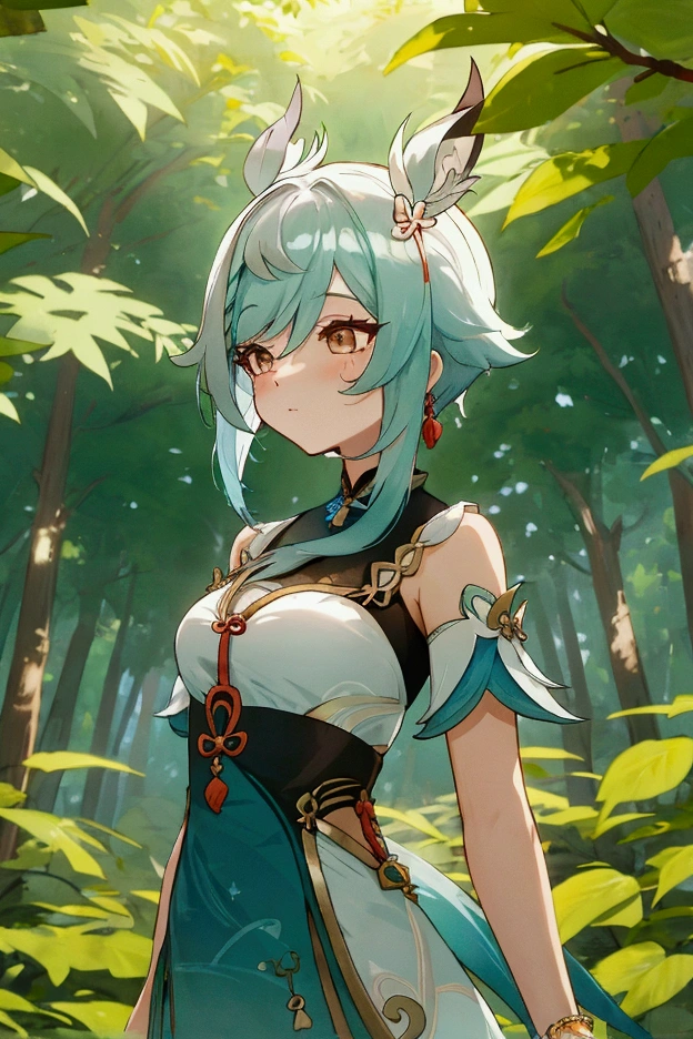 Shenhe from genshin impact wearing a summer dress, In a forest