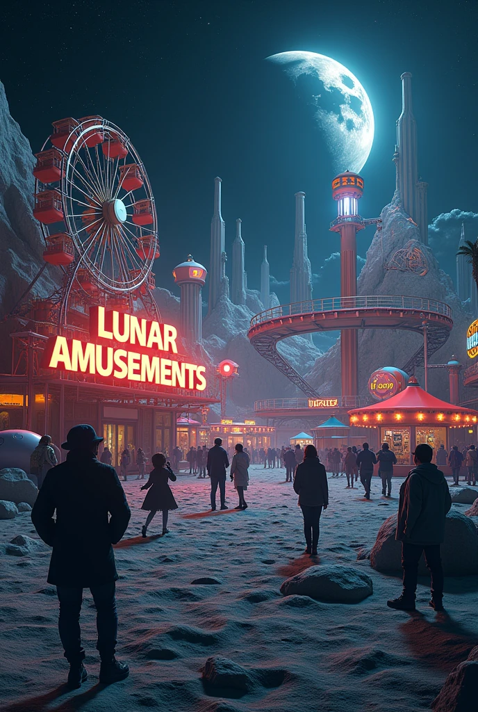 An image showing an amusement park on the moon with the words lunar amusements written in large letters