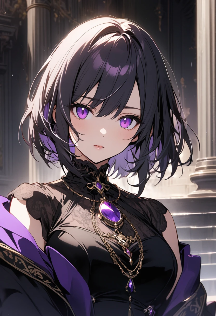 solo, eligant charm, 1 lady, noble, black dress, short hair, amethyst eyes,