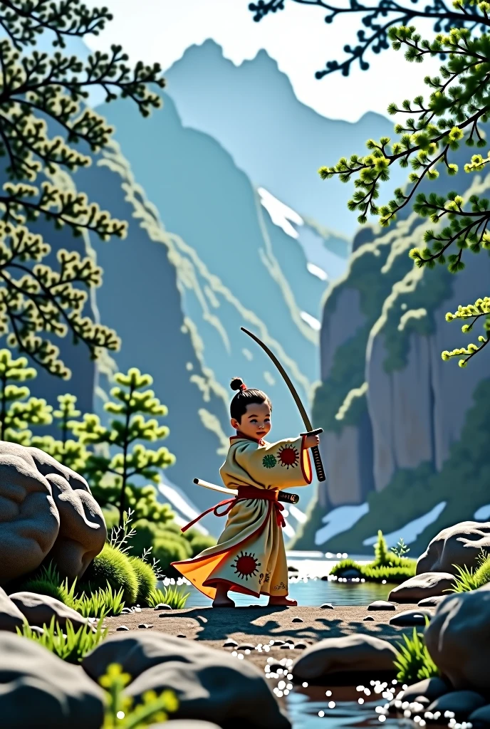 Japanese kid wearing a traditional Japanese clothes, training in the mountain using a japanese sword